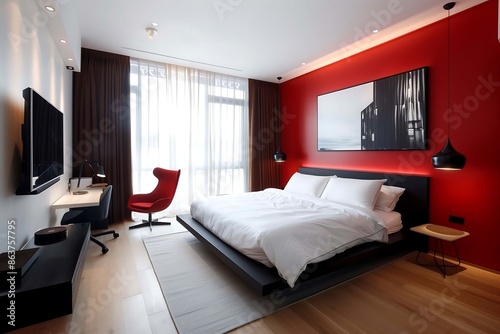 Wallpaper Mural A minimalist modern bedroom with a black platform bed, crisp white bedding, and a bold red accent wall. The room has light wood floors, a large floor-to-ceiling window with sheer curtains. Torontodigital.ca