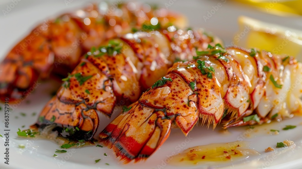 Succulent Lobster Tails Drizzled in Melted Garlic Butter on Pristine Plate, Emphasizing Gloss. Succulent Lobster Tails Drizzled in Melted Garlic Butter on Pristine Plate, Emphasizing Gloss.