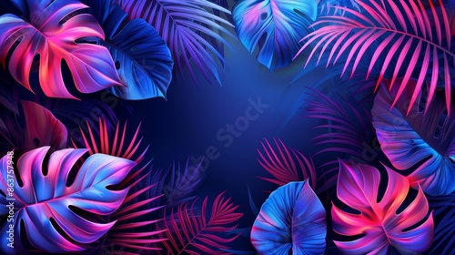 An artistic frame illustration with neon tropical leaf silhouettes, perfect for adding a vibrant and tropical touch to designs. © MAY