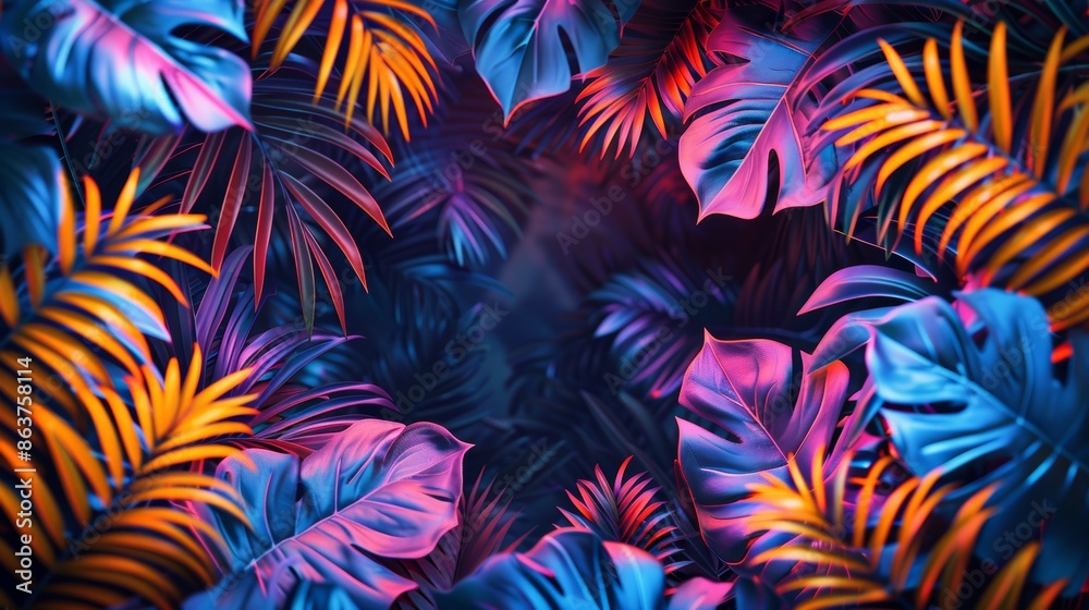 A fun and colorful frame illustration featuring neon tropical leaf silhouettes, adding a playful and energetic vibe to designs. A fun and colorful frame illustration featuring neon tropical leaf silhouettes, adding a playful and energetic vibe to designs.