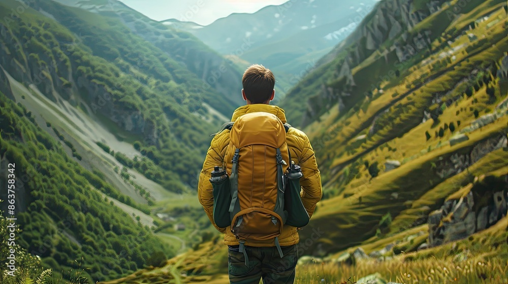 Adventurous man with backpack, contemplating life while hiking through a beautiful valley Adventurous man with backpack, contemplating life while hiking through a beautiful valley