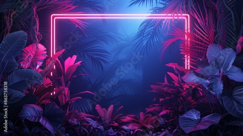 A neon frame surrounds a dense jungle, with neon foliage adding a surreal glow to the scene. This illustration combines nature and technology for a unique and eye-catching design.