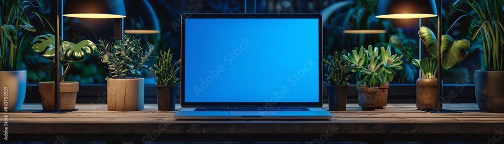 A modern laptop with a bright blue screen on a desk flanked by potted plants in a dark room