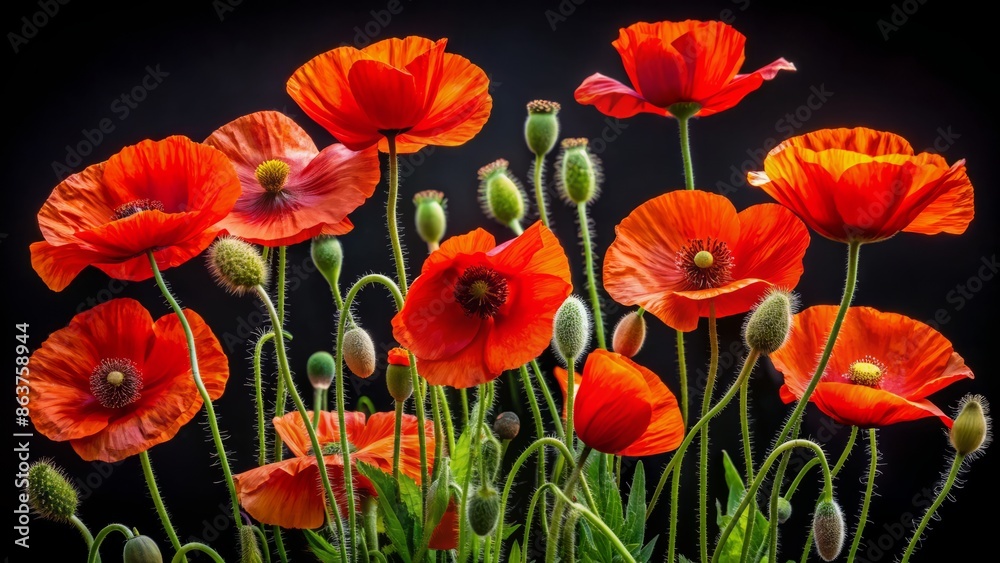 Fototapeta premium Triumphant poppies bloom against a stark black backdrop, commemorating Victory in Europe Day with solemn yet vibrant jubilation.