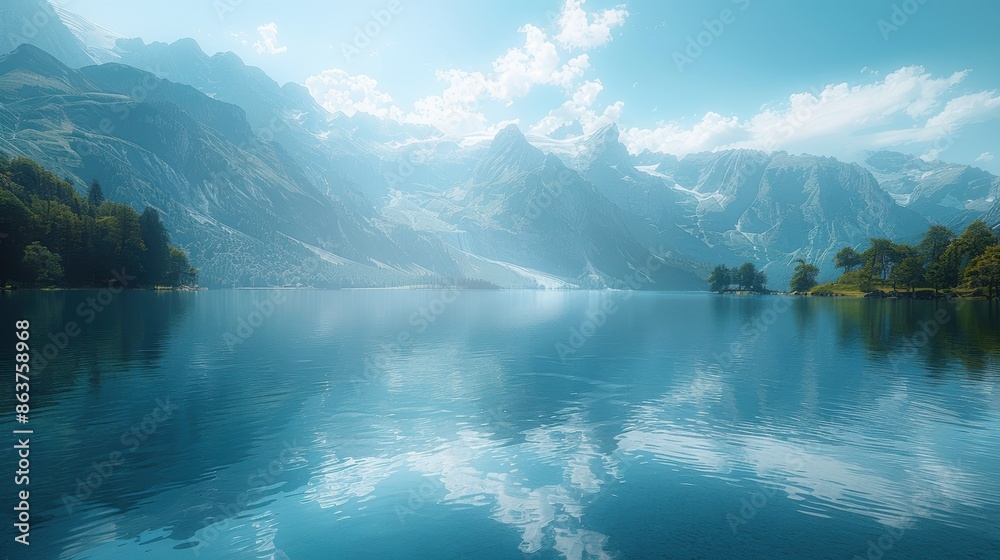 A serene mountain range reflected perfectly in a still lake, with a clear sky and pristine water.