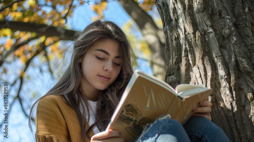 woman reading a book in the park photo