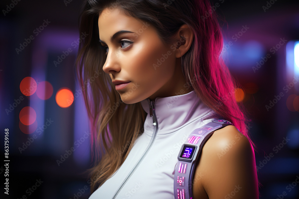 Naklejka premium A young oman wearing wearable health devices that track fitness and vital signs.