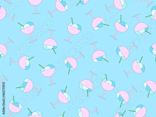 Ice cream in a glass seamless pattern. Ice cream balls in a glass with a spoon on a blue background. Design for wallpapers, wrappers, covers, banners and posters. Vector illustration