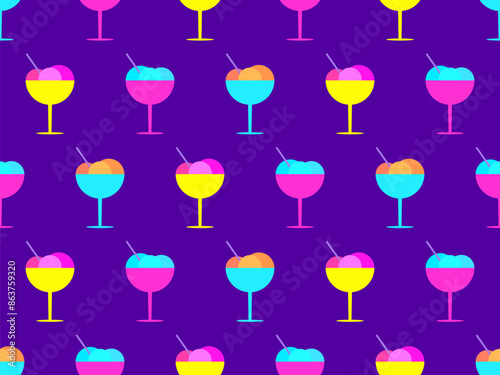 Ice cream in glass seamless pattern. Colorful ice cream balls in a glass with a spoon. Design wallpapers, wrappers, covers, banners and posters. Vector illustration