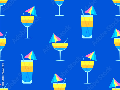 Glass with umbrella and straw seamless pattern. Multi-colored cocktail in a glass. Tropical striped cocktail in a glass with an umbrella and a straw. Design for banner and cover. Vector illustration