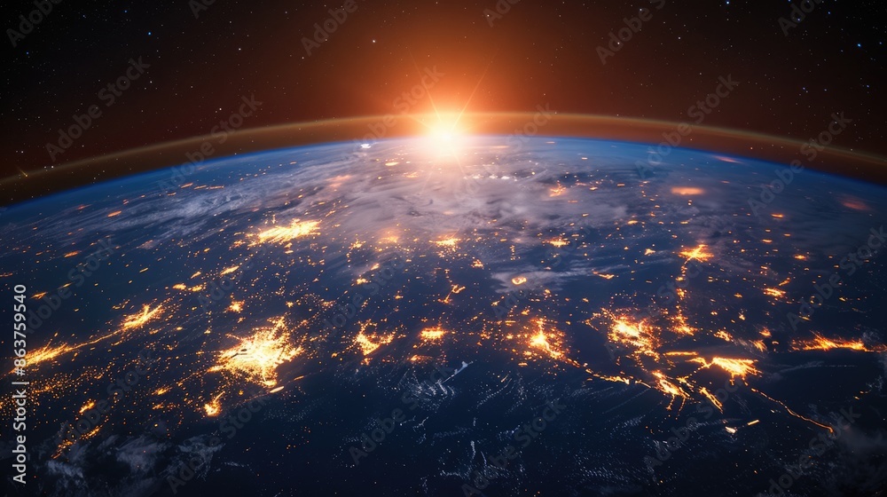 Sunrise over Earth from space, showcasing glowing city lights and expansive land and ocean. Sunrise over Earth from space, showcasing glowing city lights and expansive land and ocean.
