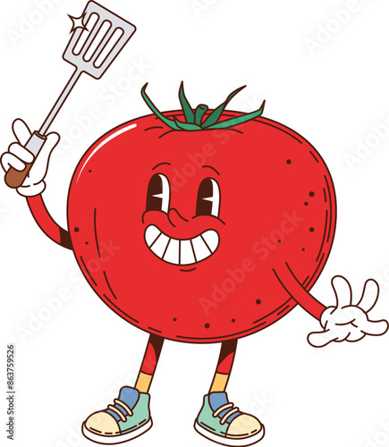 Tomato retro groovy barbeque grill character wielding a spatula tool. Isolated cartoon vector ripe vegetable personage with a vibrant red color, lively eyes and smiling face, wears sneakers and gloves