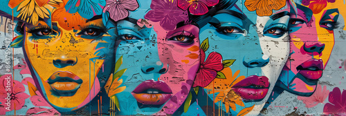 mural street art graffiti on the wall. Abstract pastel color woman faces with flowers .	