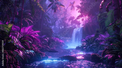 A neon-framed artwork showcases the beauty of a rainforest, with neon lights illuminating the lush greenery and creating a mesmerizing and futuristic atmosphere.
