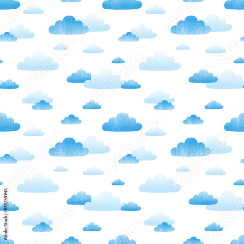 Blue clouds on white sky. Watercolor cloud seamless pattern vector. Minimal wallpaper. Simple design for fabric, textile, cloth, shirt, skirt, dress, bedsheet, pajama, clothing, sticker, paper, card.