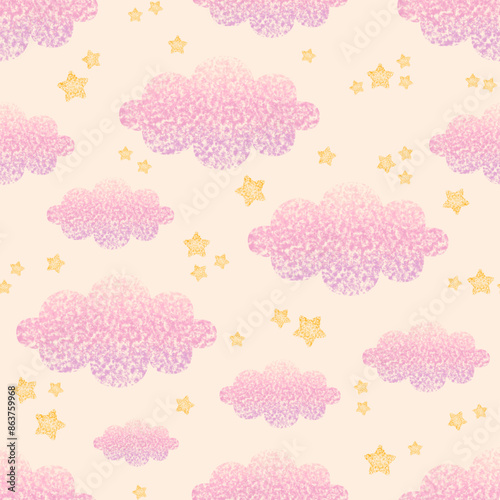 Pastel vanilla cloudy sky pattern vector. Cloud and glitter star seamless pattern. Cute and sweet design for fabric, kid cloth, baby dress, print, card, sticker, cover, wrapping paper, decor.