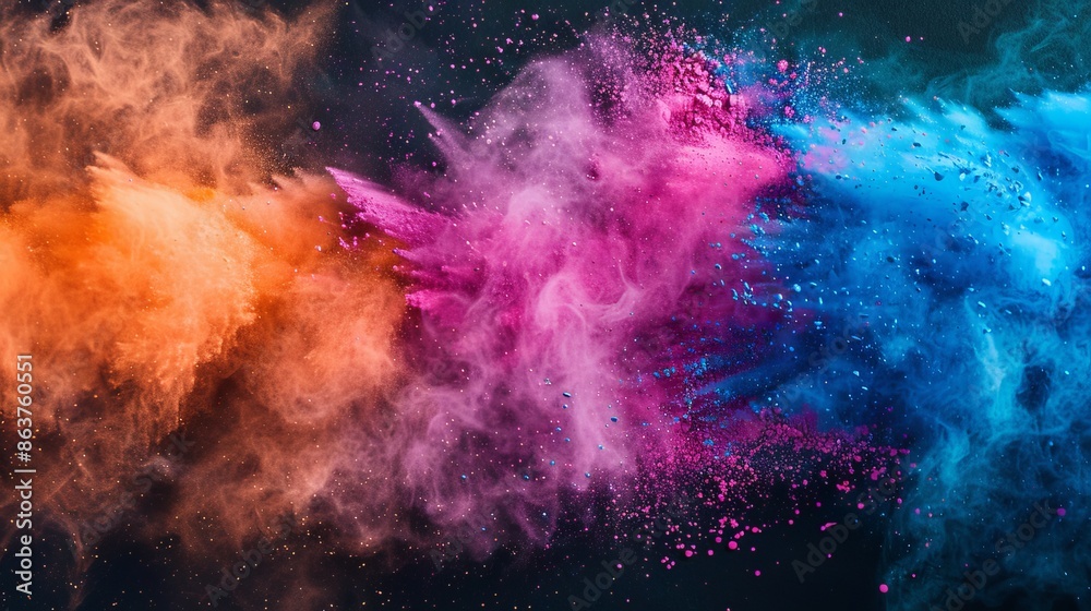 Naklejka premium Vibrant colored powder explosion with orange, pink and blue dust clouds in motion. Abstract art image perfect for creative backgrounds and design projects. High-resolution photo. AI