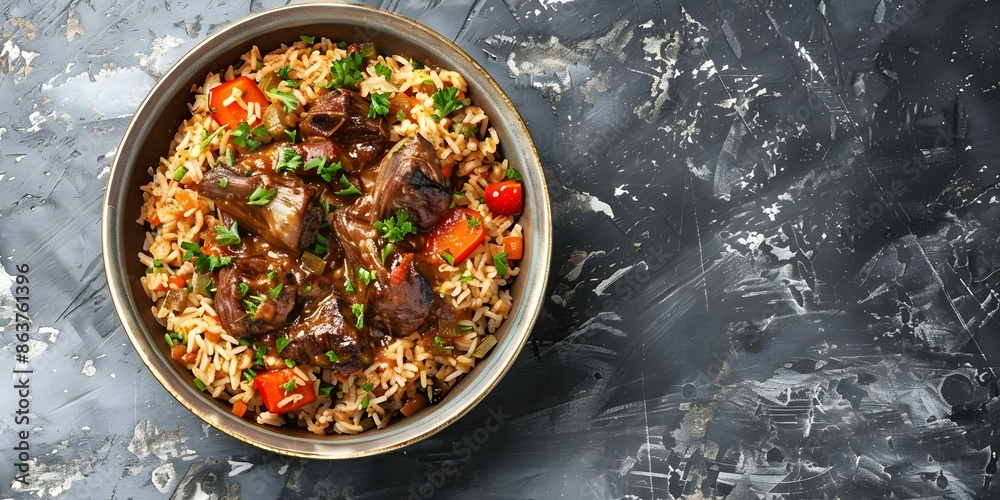 Top view of Caribbean oxtail stew rice with copy space highquality image. Concept Caribbean Cuisine, Oxtail Stew, Rice Dishes, Top View Photography, Copy Space Top view of Caribbean oxtail stew rice with copy space highquality image. Concept Caribbean Cuisine, Oxtail Stew, Rice Dishes, Top View Photography, Copy Space