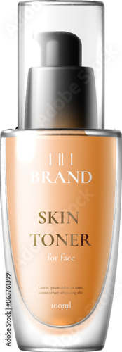 Skin toner bottle package, women cosmetic product template. Isolated realistic 3d vector mockup of glass flask. Skin toner for face hydrating, refreshing, balancing the skin in facial skincare routine