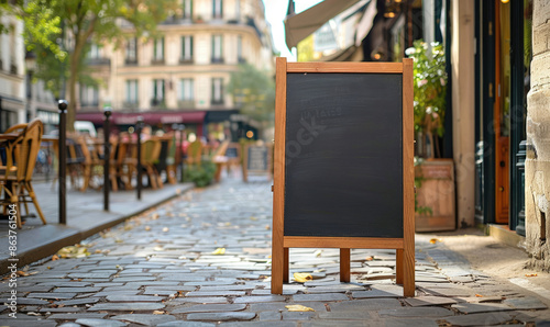 Fototapeta Naklejka Na Ścianę i Meble -  Empty blackboard standing on cobblestone street in front of parisian cafe