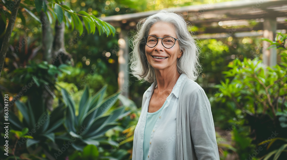 An elegant mature woman standing in a lush garden, her smile radiating confidence and contentment. An elegant mature woman standing in a lush garden, her smile radiating confidence and contentment.