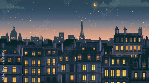 Illustration of Paris buildings facade at night, moody minimalist vector style