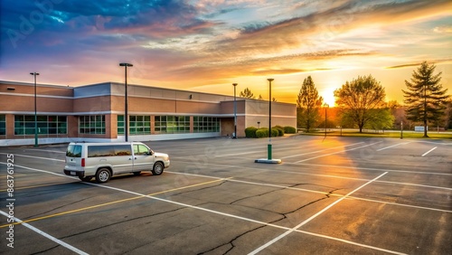 A deserted early morning scene of a school's drop-off area, empty parking lot, and a lonely minivan awaiting students.