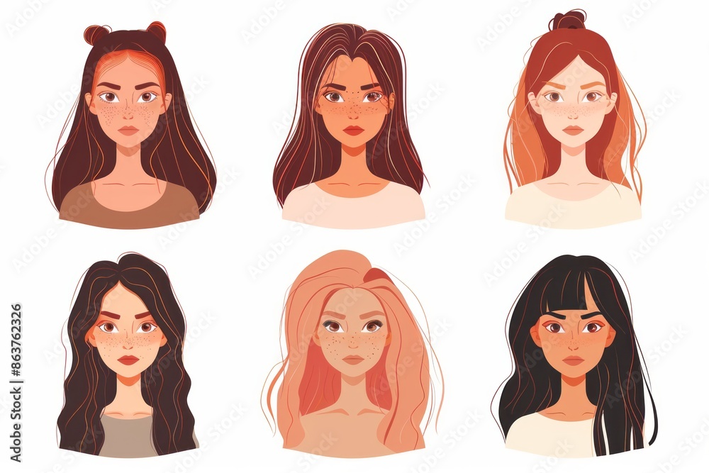 Women faces. Woman with different hair color and different hairstyles illustration Women faces. Woman with different hair color and different hairstyles illustration
