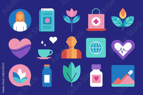 A collection of health and wellness icons displayed against a blue backdrop. A collection of health and wellness icons displayed on a vibrant blue background with a modern and stylish aesthetic