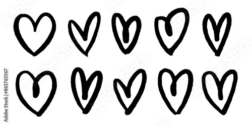 Set of ten hand drawn hearts on a white background. Handdrawn rough heart marker. Vector illustration for your graphic design, love design photo