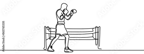 Single continuous line drawing of young agile man boxer improve his fight stance at gym. Fair combative sport concept. Trendy one line draw design vector illustration for boxing game promotion media.
