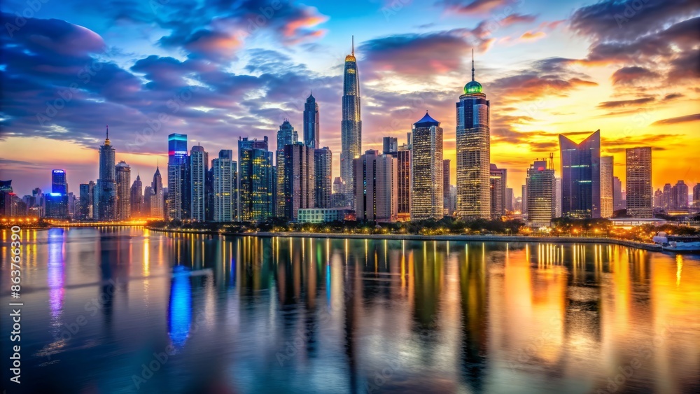 Fototapeta premium Panoramic view of majestic cityscape featuring iconic skyscrapers, neon lights, and stunning waterfront along serene evening horizon.