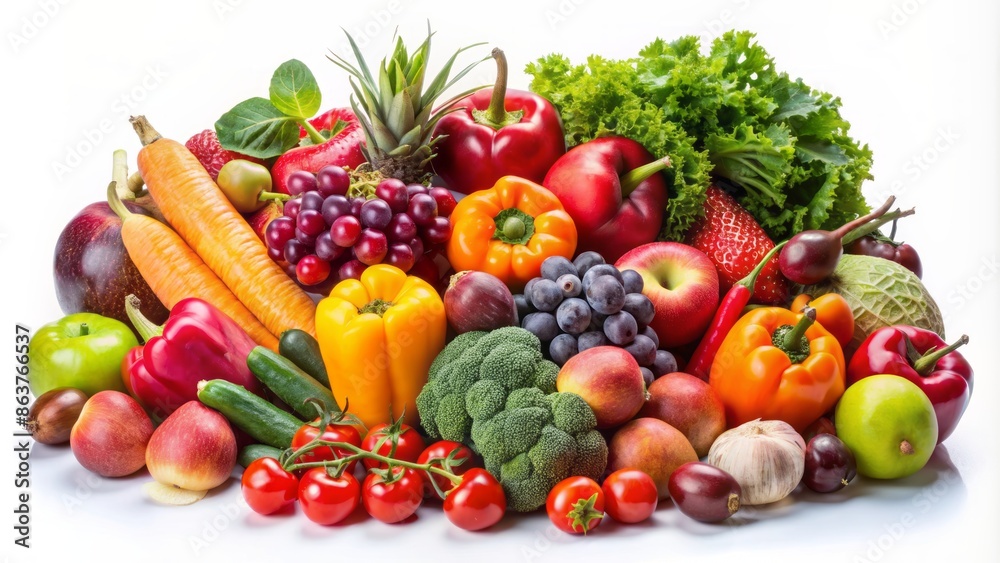 Vibrant arrangement of ripe stone fruits and crunchy vegetables set against a clean white backdrop, evoking freshness and abundance. Vibrant arrangement of ripe stone fruits and crunchy vegetables set against a clean white backdrop, evoking freshness and abundance.
