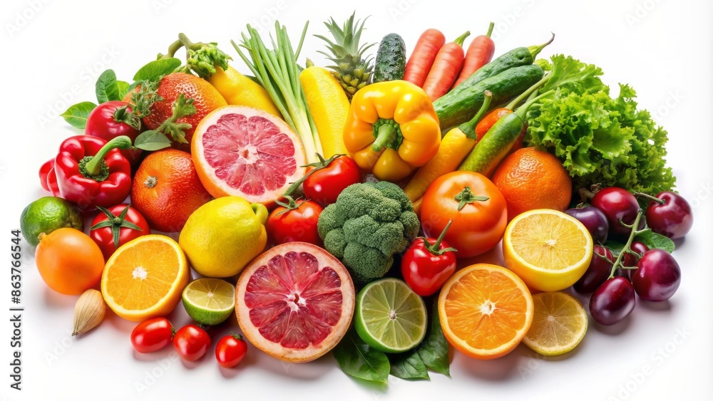 Vibrant, colorful arrangement of fresh citrus fruits and vegetables artfully laid out against a clean, crisp, pure white background. Vibrant, colorful arrangement of fresh citrus fruits and vegetables artfully laid out against a clean, crisp, pure white background.