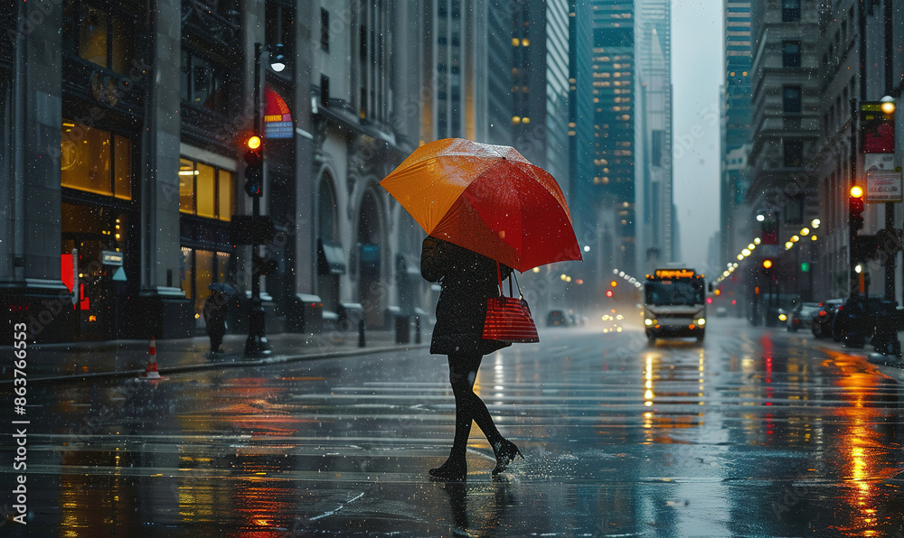 Fototapeta premium Woman walking on a rainy city street while holding a umbrella