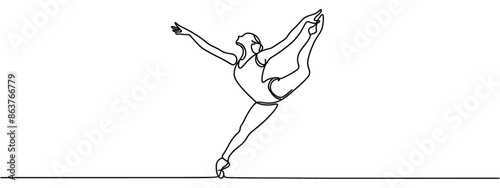 One continuous line drawing of young graceful woman ballet dancer perform beauty classic dance at stage of opera house. Ballet performance concept. Dynamic single line draw design vector illustration