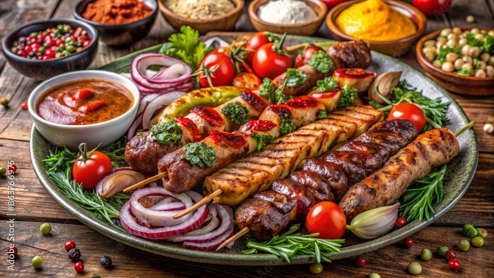 Savory arrangement of succulent grilled meats, sausages, and kebabs on a plate, embellished with rich vibrant sauces and garnishes. Savory arrangement of succulent grilled meats, sausages, and kebabs on a plate, embellished with rich vibrant sauces and garnishes.
