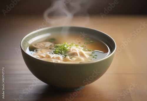 A steaming bowl of miso soup, blurred background