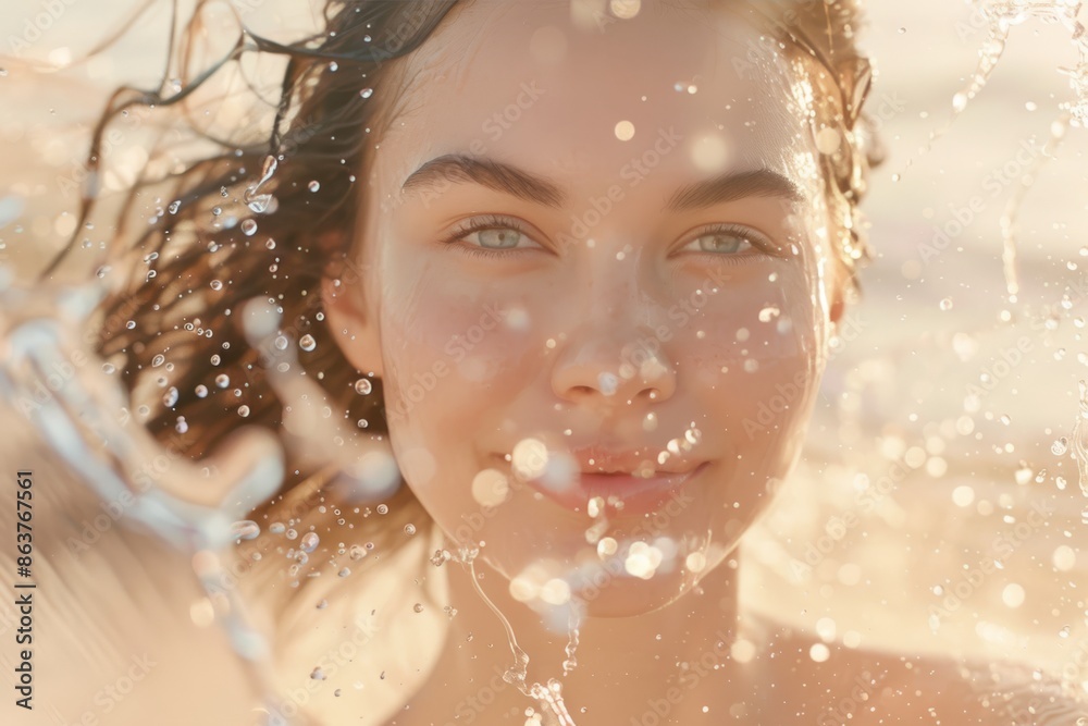 Close-up of a smiling woman with wet hair, illuminated by warm sunlight. Water droplets create a dynamic, refreshing atmosphere, highlighting her natural beauty and joyful expression Close-up of a smiling woman with wet hair, illuminated by warm sunlight. Water droplets create a dynamic, refreshing atmosphere, highlighting her natural beauty and joyful expression