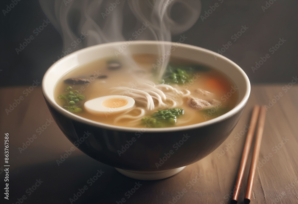 A steaming bowl of miso soup, blurred background A steaming bowl of miso soup, blurred background