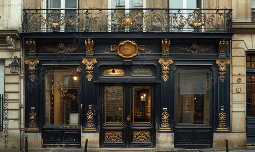 Elegant parisian shopfront with ornate gold and black facade