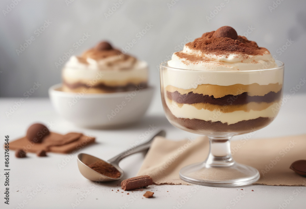 A tiramisu dessert, blurred background A tiramisu dessert, blurred background