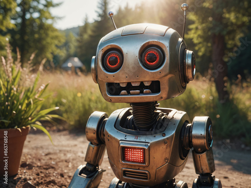 A cute robot is laughing