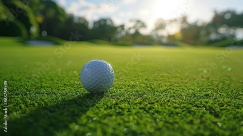 Close-up of a golf ball resting on lush green grass under the bright sun of a golf course