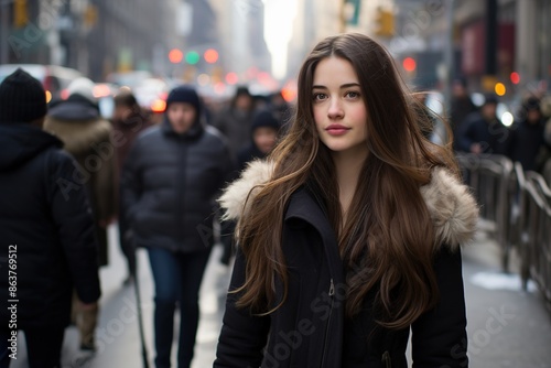 A woman with long brown hair is walking down a city street