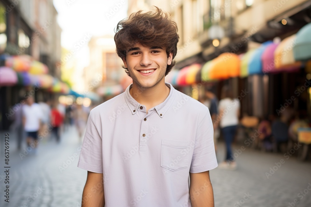 A young man is smiling in front of a colorful umbrella A young man is smiling in front of a colorful umbrella