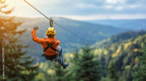 Adventurer on a zipline ride through a lush forest with a beautiful mountain view under a cloudy sky during sunset
