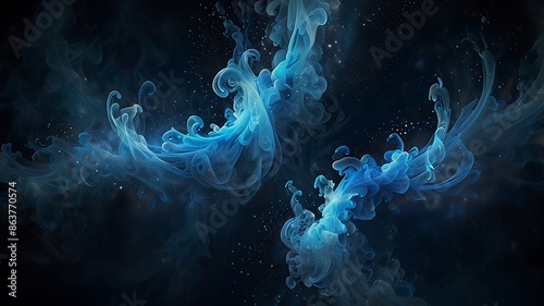 A mesmerizing composition of swirling bule smoke adorned with sparkling glitter particles, creating an ethereal and luxurious abstract background. Generative Ai. photo