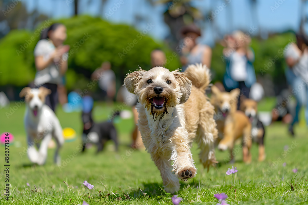 Joyful dog race in the park celebrating National Dog Day. Fun and active pet event. Joyful dog race in the park celebrating National Dog Day. Fun and active pet event.