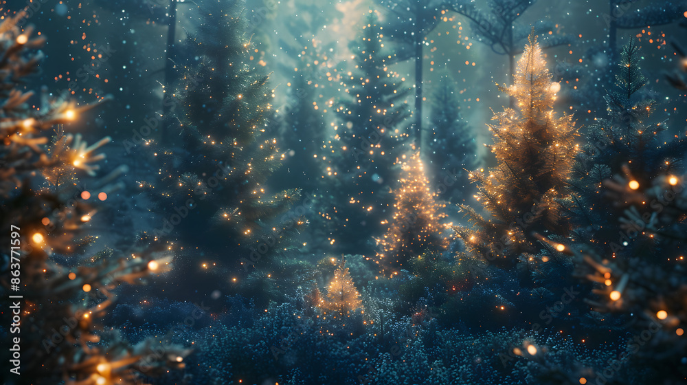 Obraz premium A magical winter forest illuminated by sparkling lights, creating an enchanting and serene atmosphere perfect for holiday and fantasy themes.